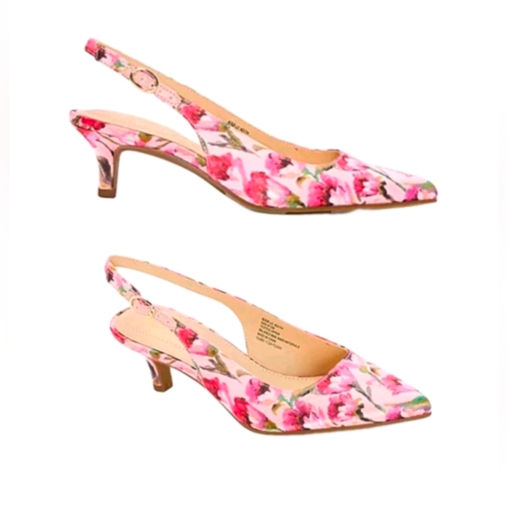 Liz Claiborne Keith Pointed Toe SlingBack Pumps Kitten Heel Floral Pink 5M NWB